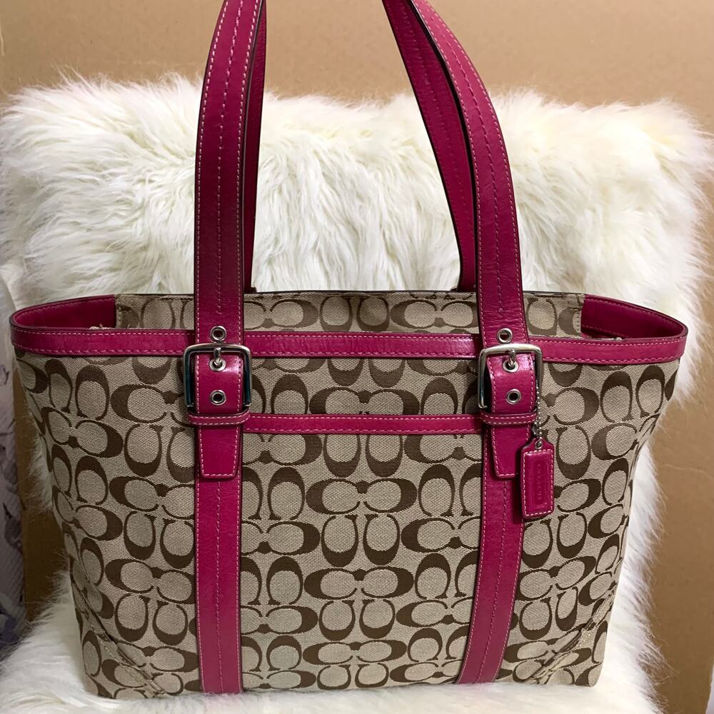 COACH HAMPTON Large Vintage Khaki & Pink Signature Canvas Tote F12647 - Picture 13 of 15